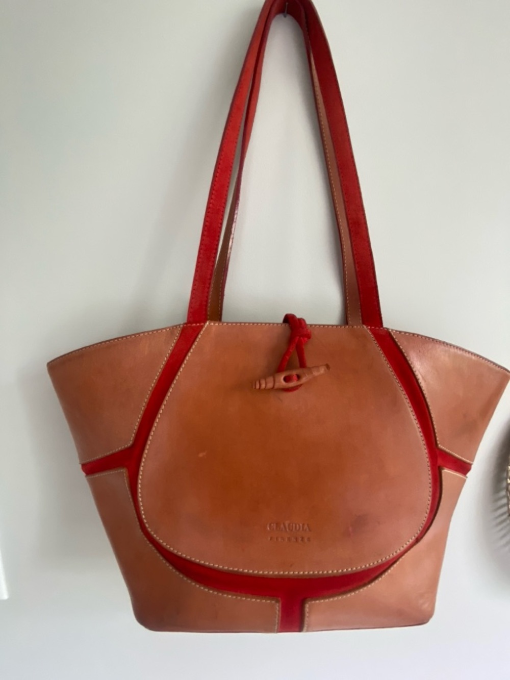 Claudia Firenze Two-Tone Italian Leather Tote in Tan and Red